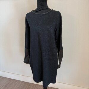 Maje Black Glitter Knit Shift Dress with Leather Cuff Sleeves Size 3